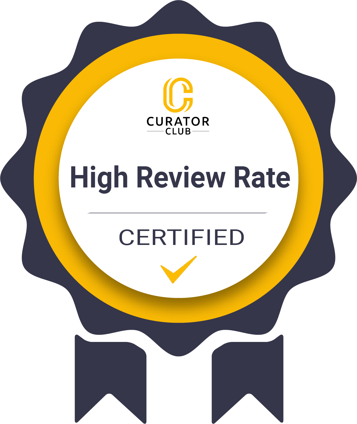 A circular badge shows the text 'Curator Club', 'Recently Joined', and 'Certified' with a checkmark, surrounded by a yellow and dark blue design resembling a ribbon.
