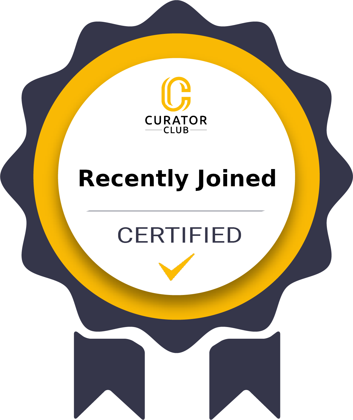 A circular badge shows the text 'Curator Club', 'Recently Joined', and 'Certified' with a checkmark, surrounded by a yellow and dark blue design resembling a ribbon.