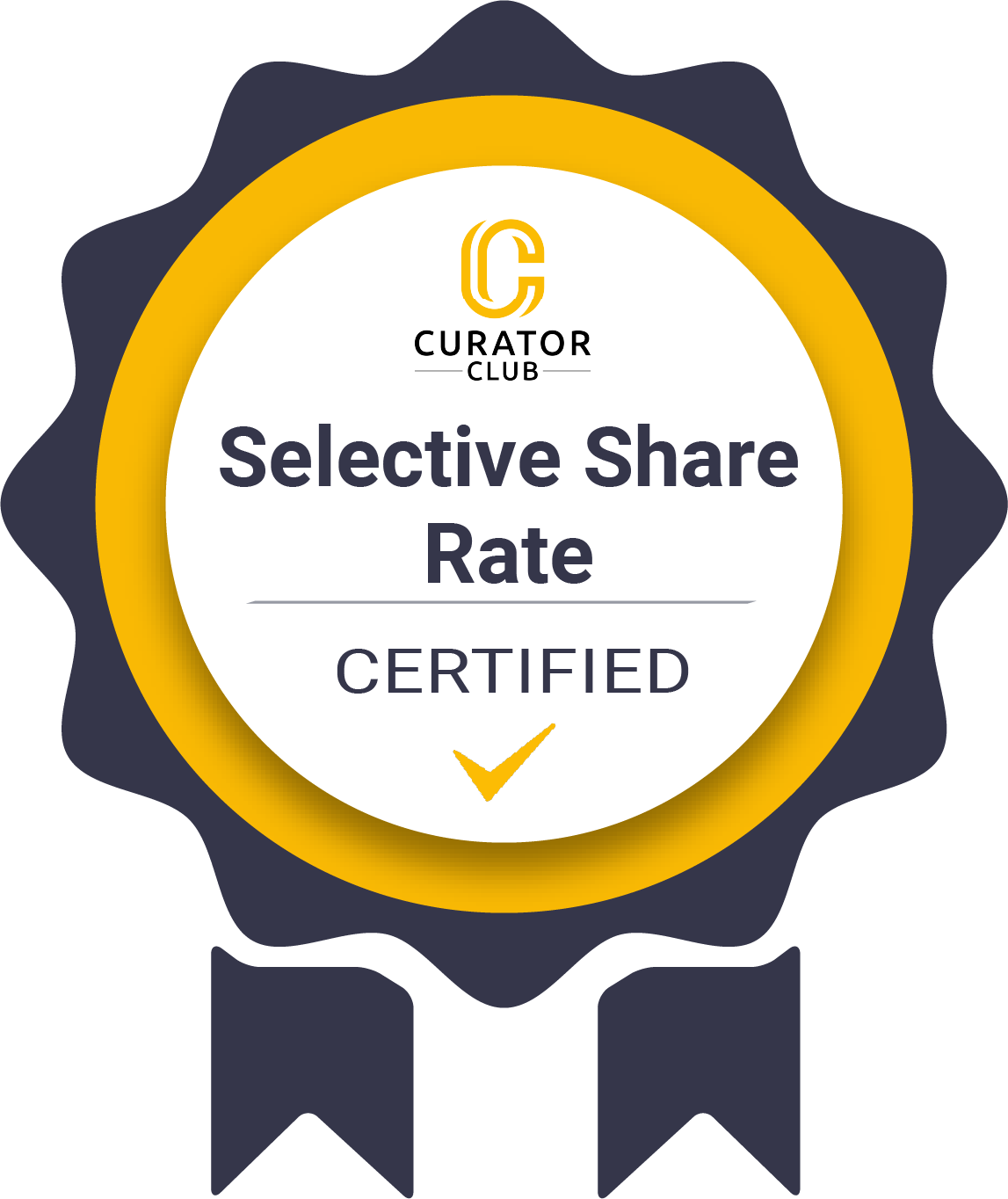 A circular badge shows the text 'Curator Club', 'Recently Joined', and 'Certified' with a checkmark, surrounded by a yellow and dark blue design resembling a ribbon.