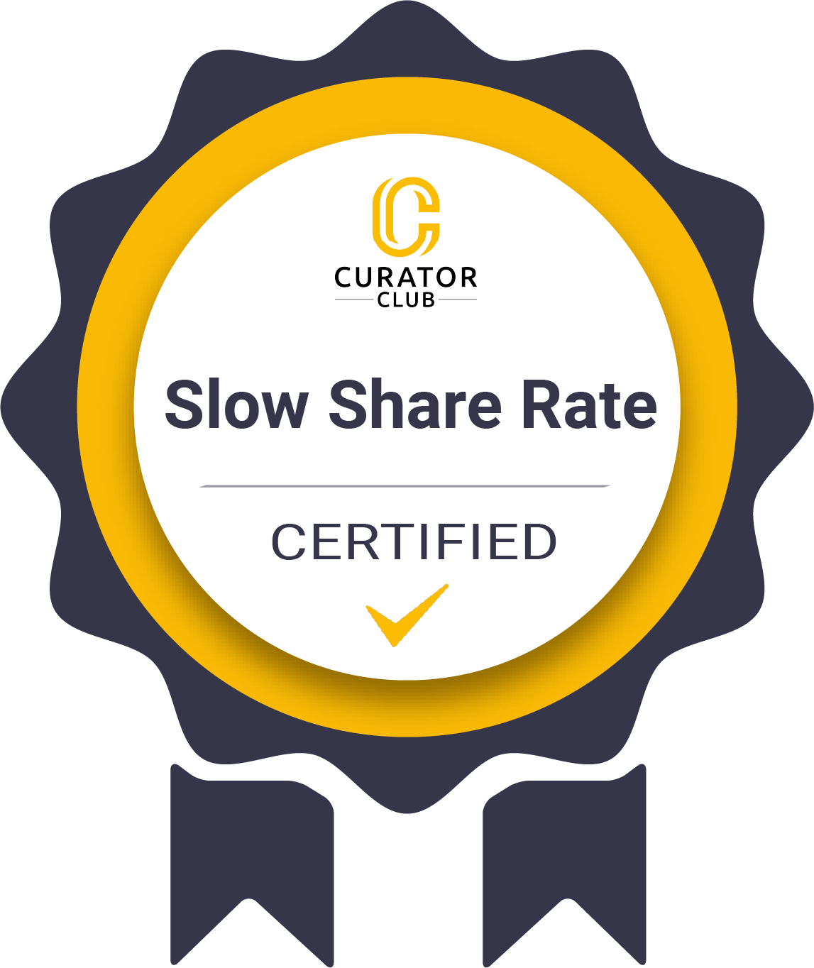 A circular badge shows the text 'Curator Club', 'Recently Joined', and 'Certified' with a checkmark, surrounded by a yellow and dark blue design resembling a ribbon.